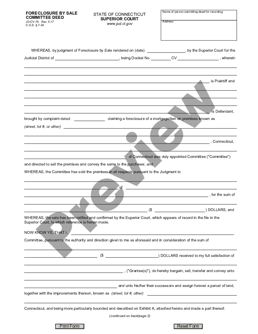 Connecticut Foreclosure by Sale Committee Deed Committee Deed US