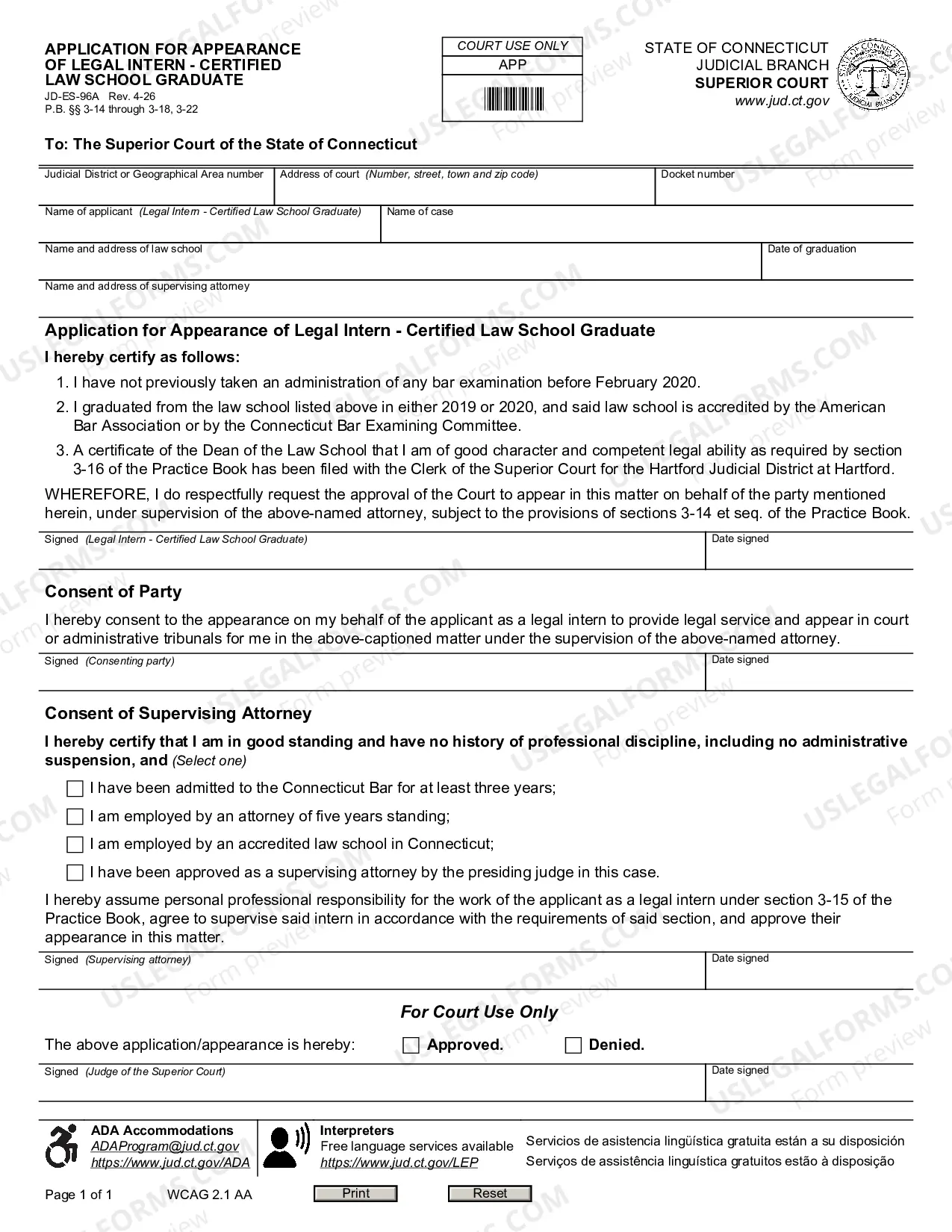 Preview Application for Appearance of Legal Intern - Certified Law School Graduate