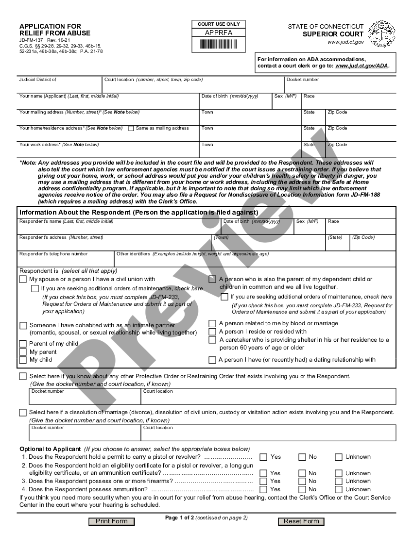 Connecticut Application for Relief from Abuse | US Legal Forms