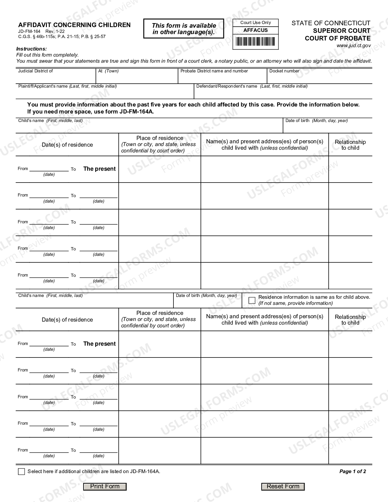 Connecticut Affidavit Concerning Children Affidavit Concerning