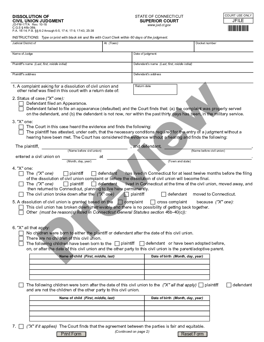 Connecticut Dissolution of Civil Union Judgment | US Legal Forms