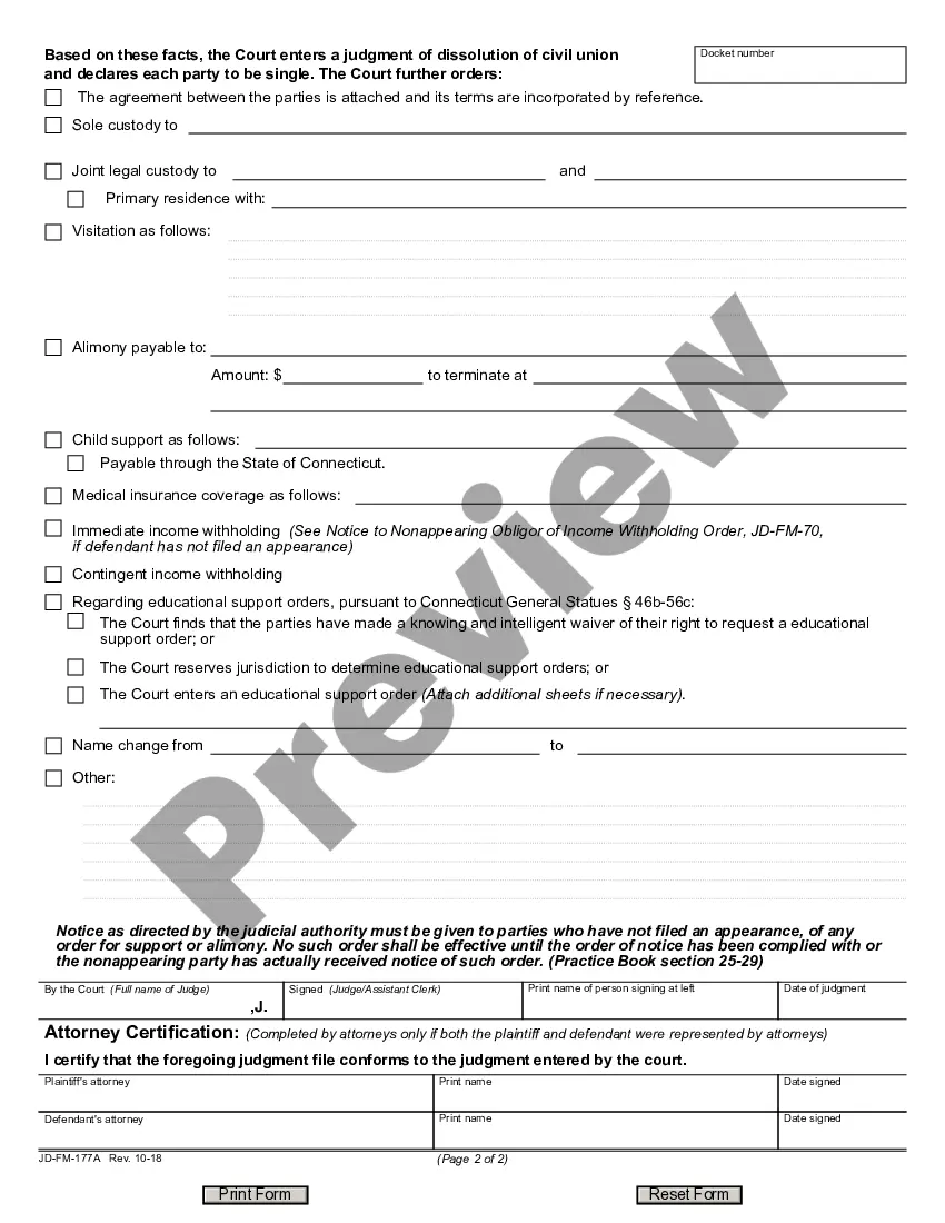 Preview Dissolution of Civil Union Judgment