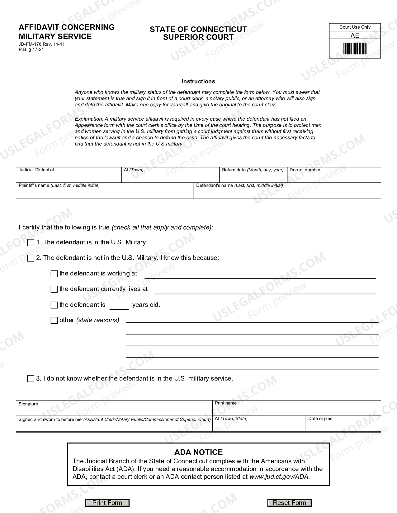 Connecticut Affidavit Concerning Military Service Military Affidavit