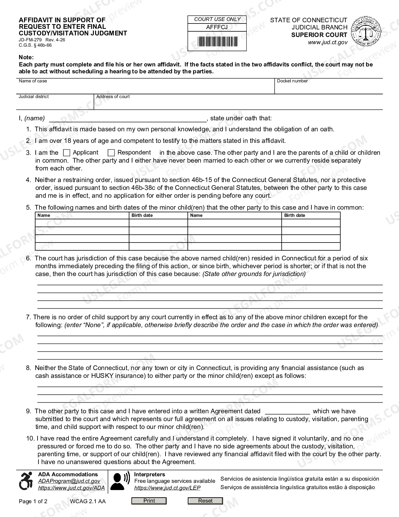 Preview Affidavit in Support of Request to Enter Final Custody or Visitation Judgment