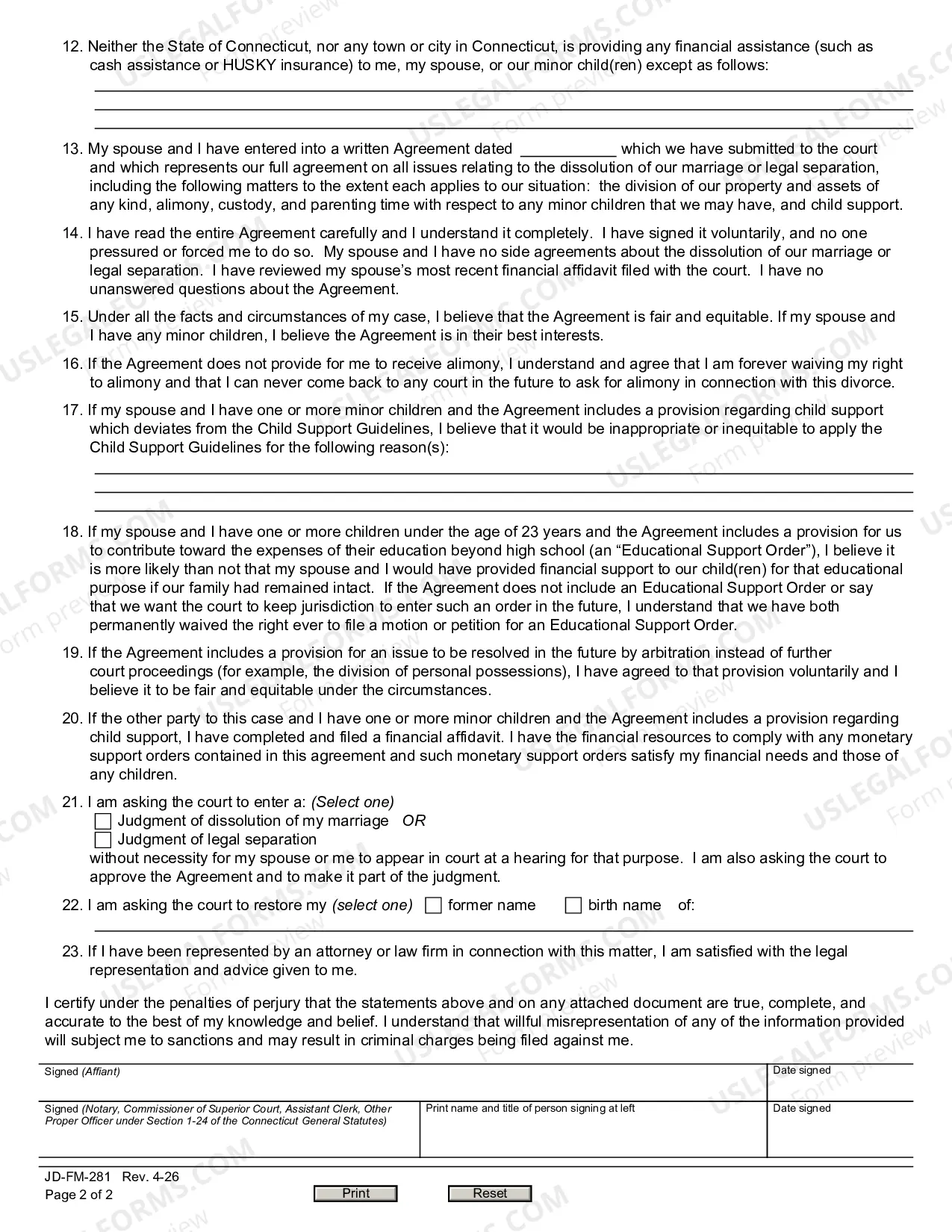 Preview Affidavit in Support of Request for Entry of Judgment of Dissolution of Marriage or Legal Separation