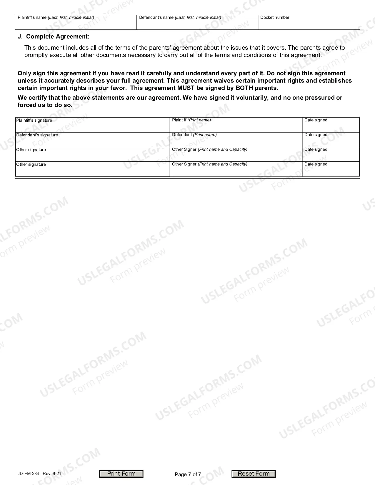 Preview Custody Agreement and Parenting Plan