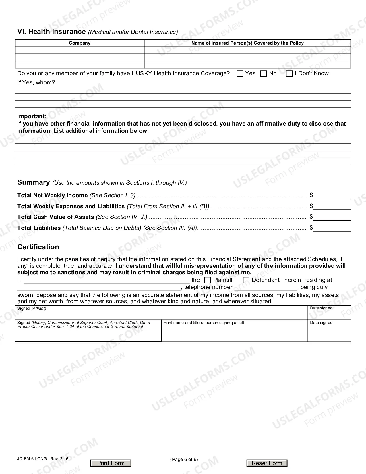 Preview Financial Affidavit (Long Version)