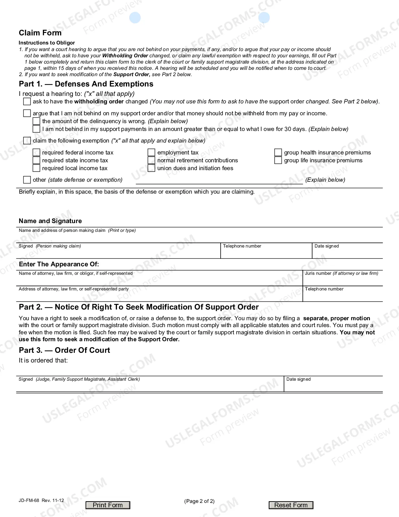Preview Notice and Claim Form - Support Income Withholding