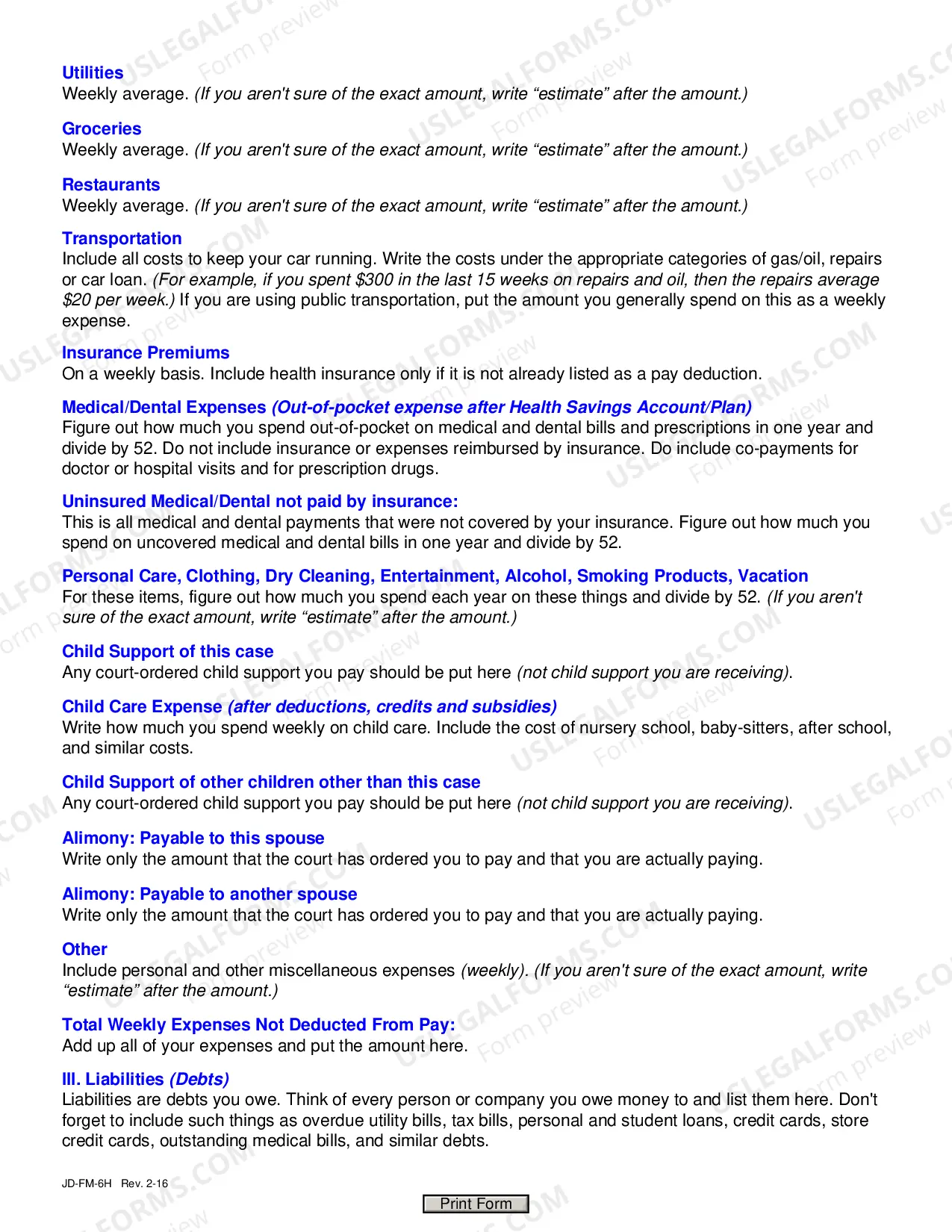 Preview Help Text For Financial Affidavit (Long Version)