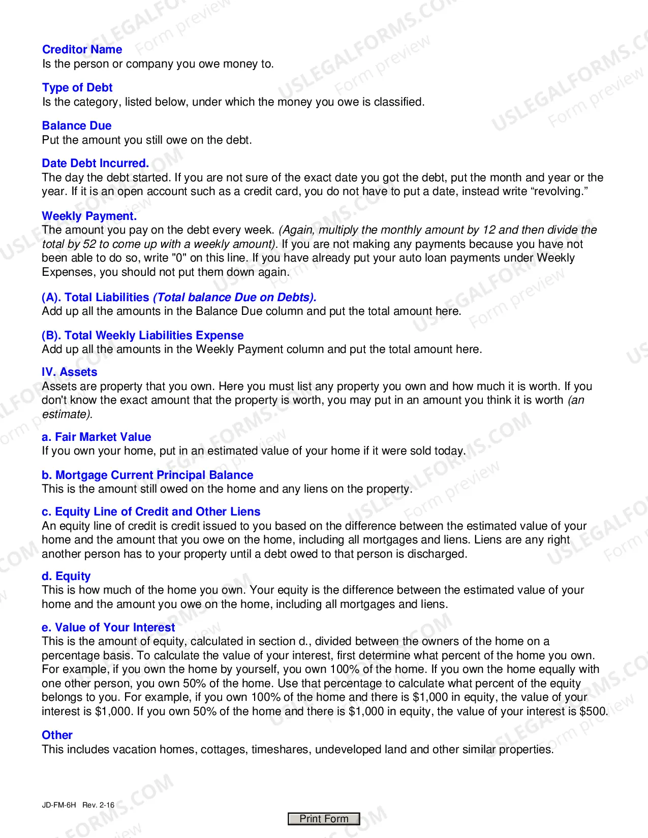 Preview Help Text For Financial Affidavit (Long Version)
