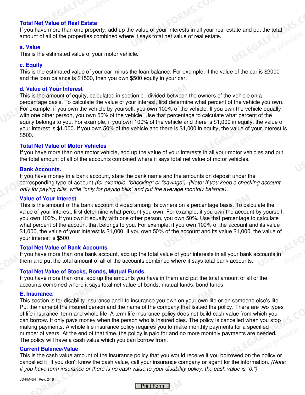 Preview Help Text For Financial Affidavit (Long Version)