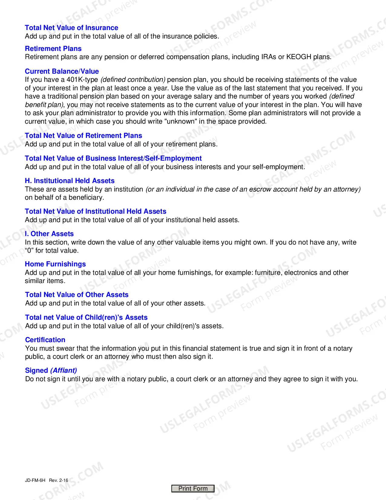 Preview Help Text For Financial Affidavit (Long Version)
