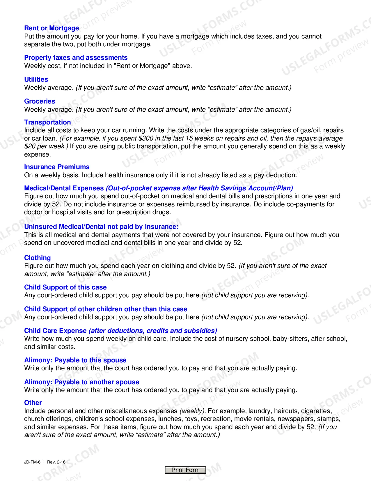 Preview Help Text For Financial Affidavit (Short Version)