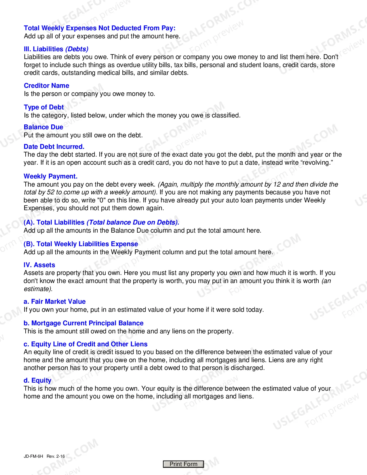 Preview Help Text For Financial Affidavit (Short Version)