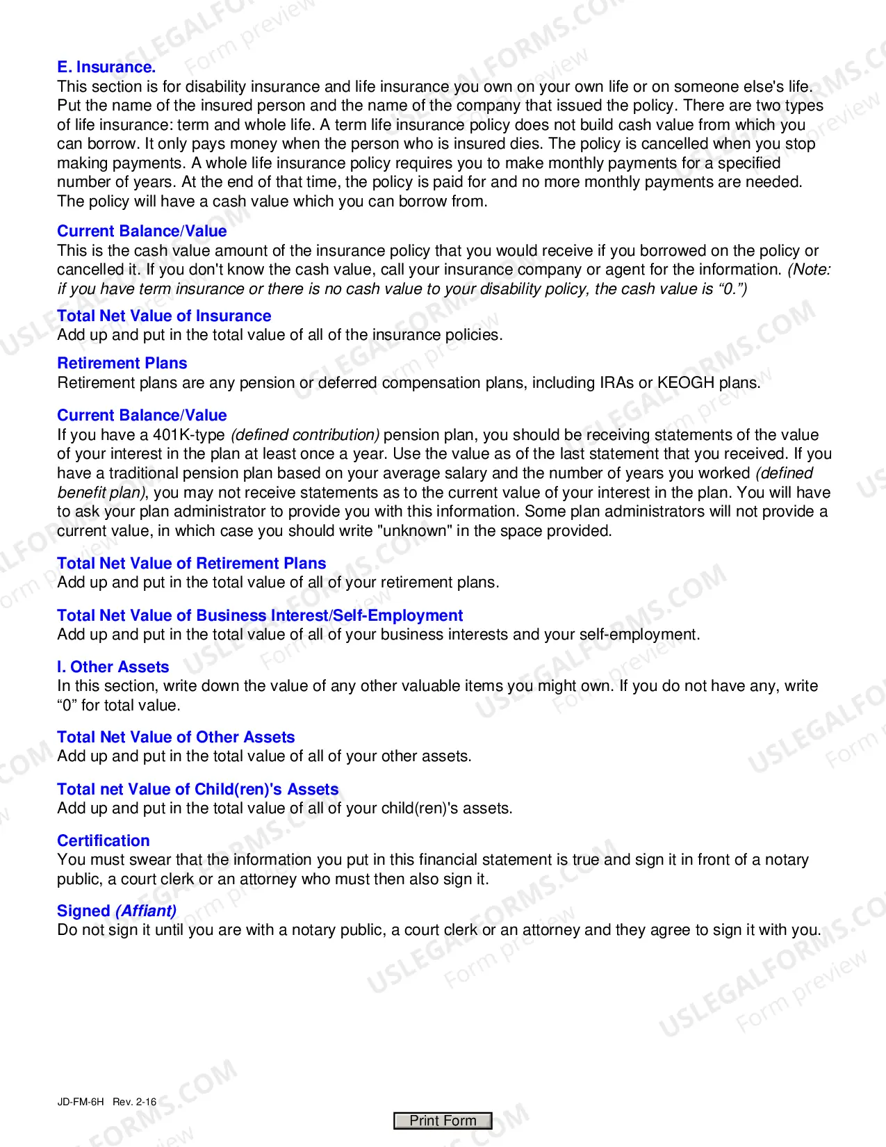 Preview Help Text For Financial Affidavit (Short Version)