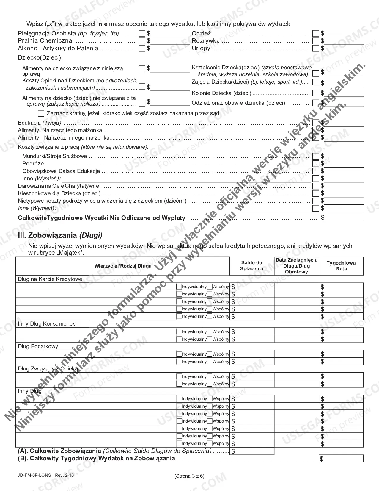 Preview Financial Affidavit (Long Version) - Polish