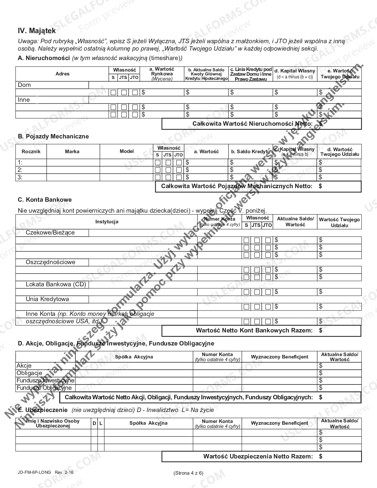 Preview Financial Affidavit (Long Version) - Polish