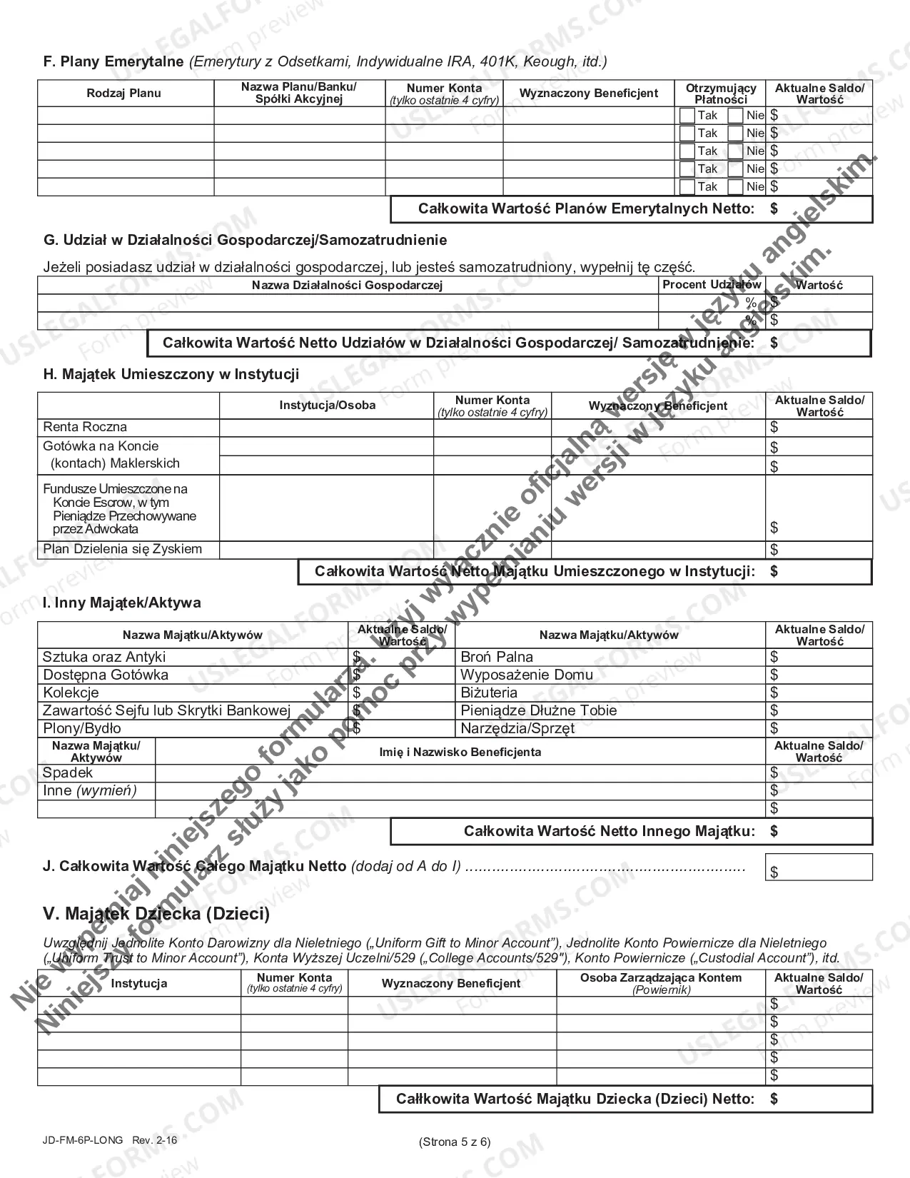 Preview Financial Affidavit (Long Version) - Polish