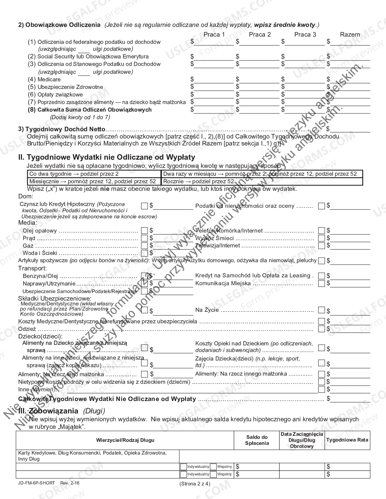 Preview Financial Affidavit (Short Version) - Polish