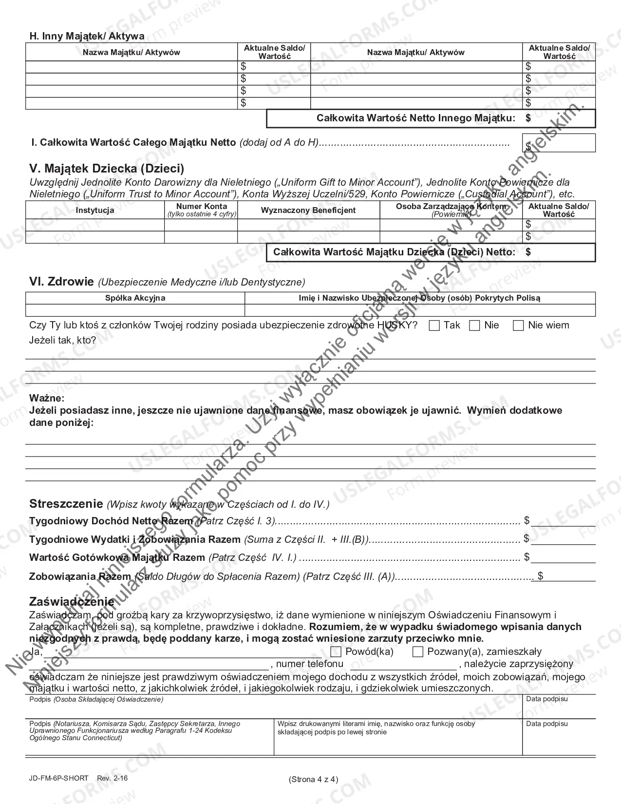Preview Financial Affidavit (Short Version) - Polish
