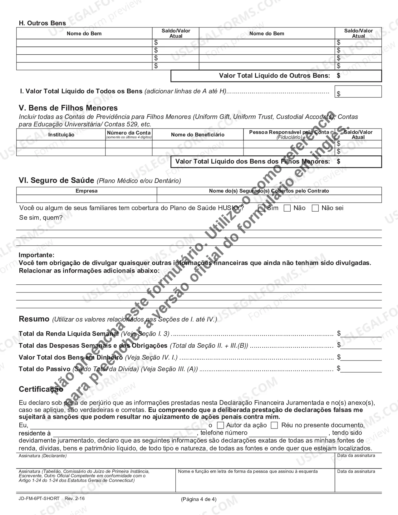 Preview Financial Affidavit (Short Version) - Portuguese