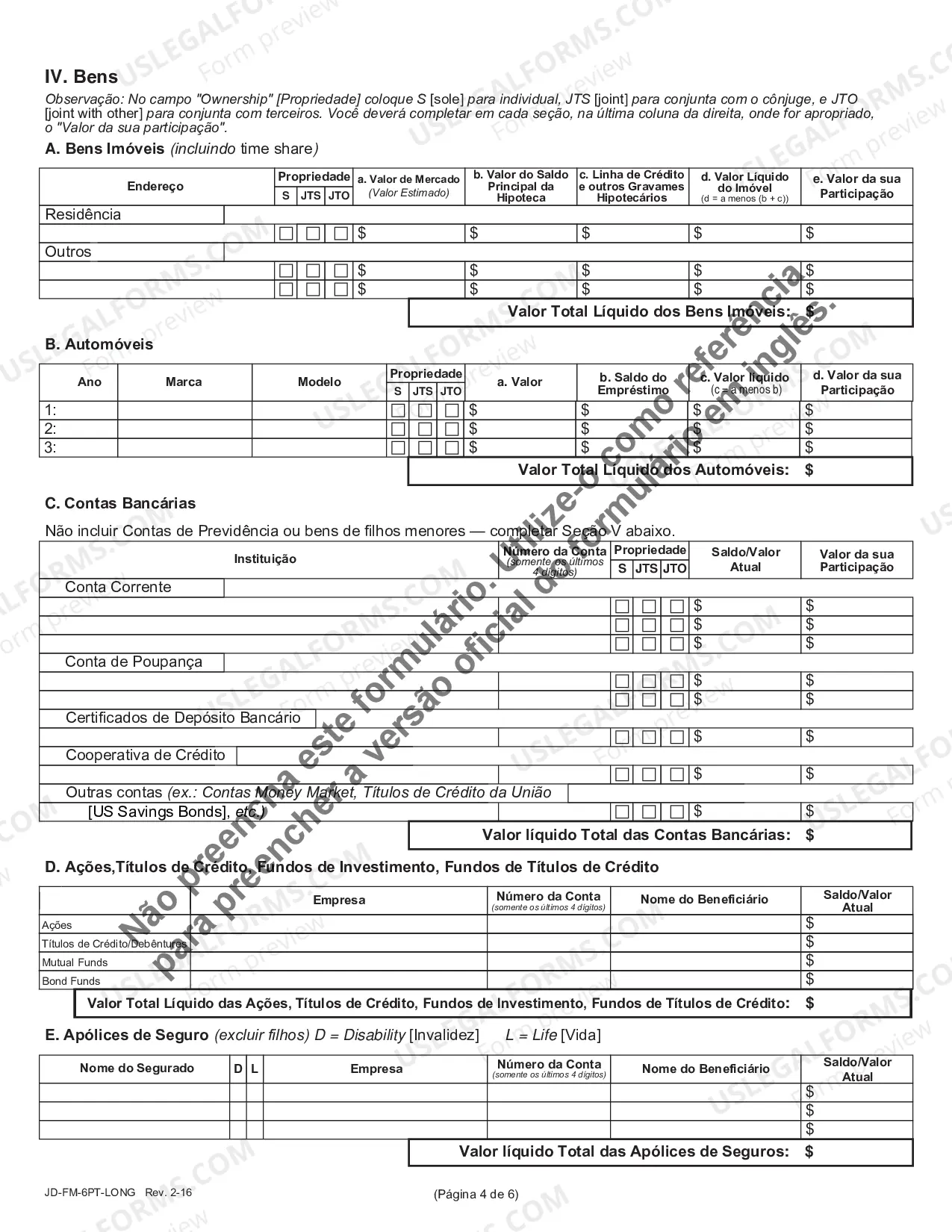 Preview Financial Affidavit (Long Version) - Portuguese