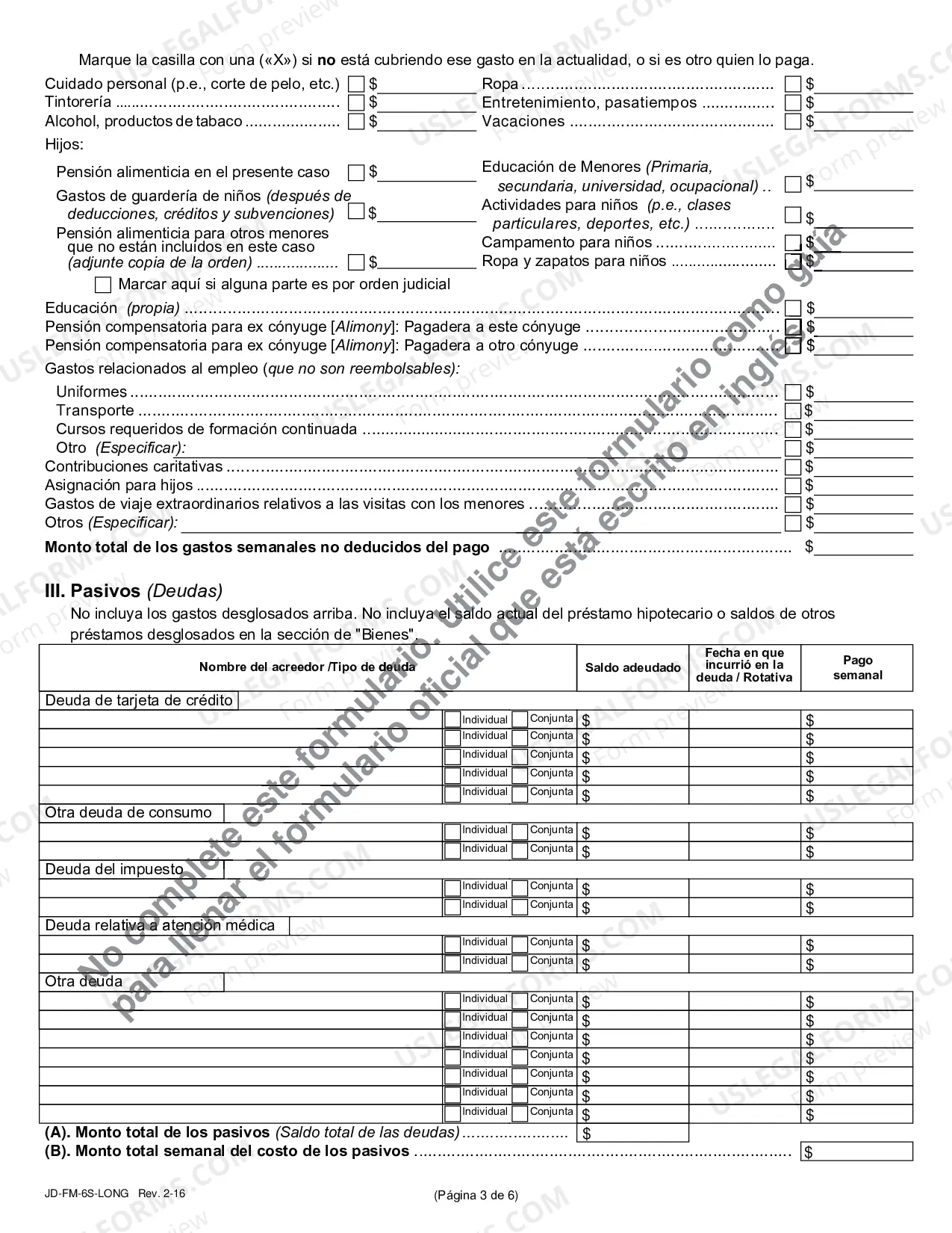 Preview Financial Affidavit (Long Version) - Spanish