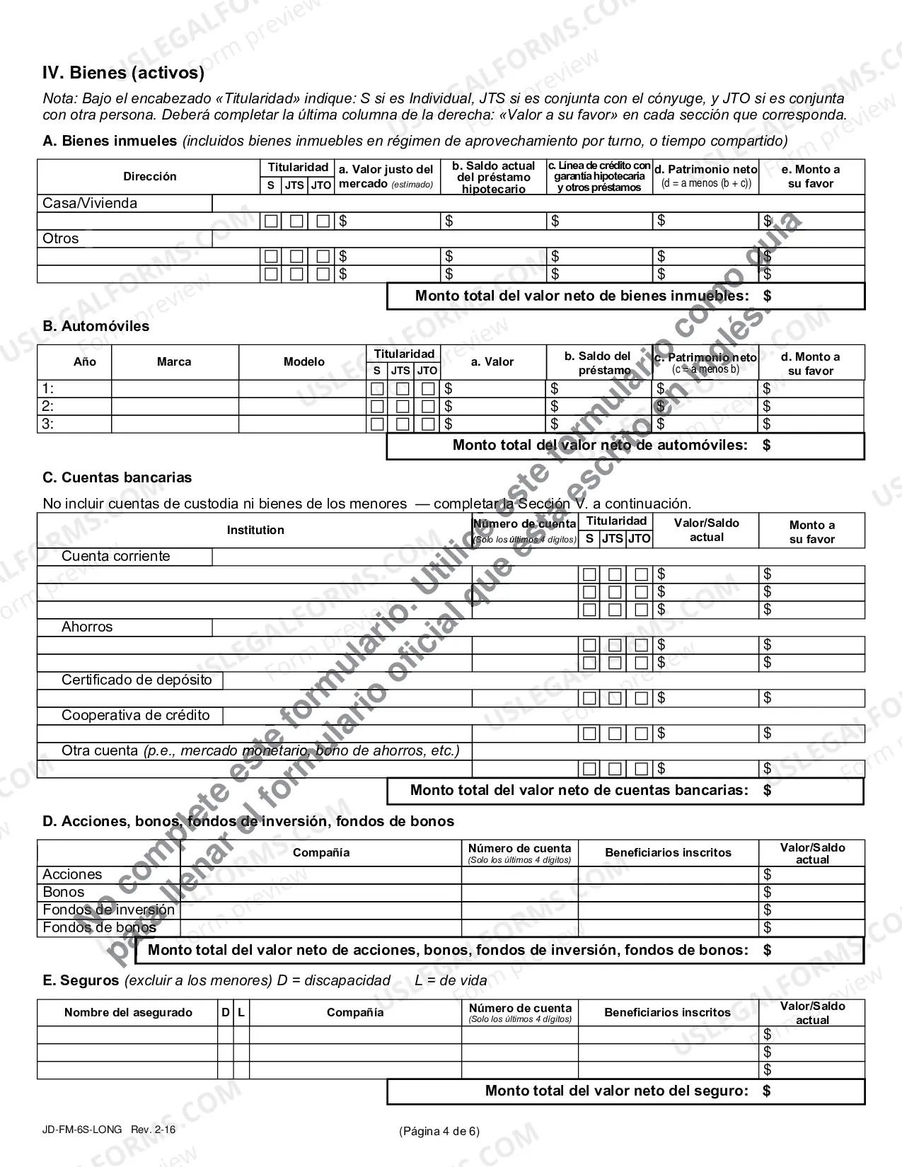 Preview Financial Affidavit (Long Version) - Spanish