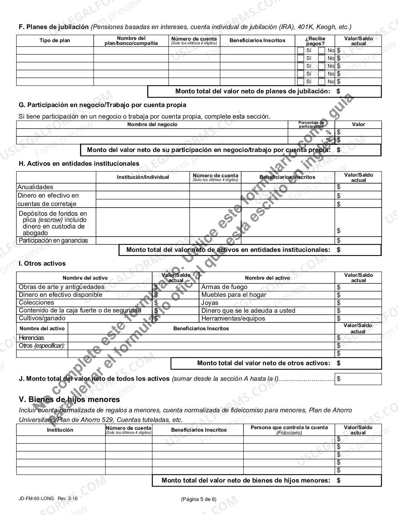 Preview Financial Affidavit (Long Version) - Spanish