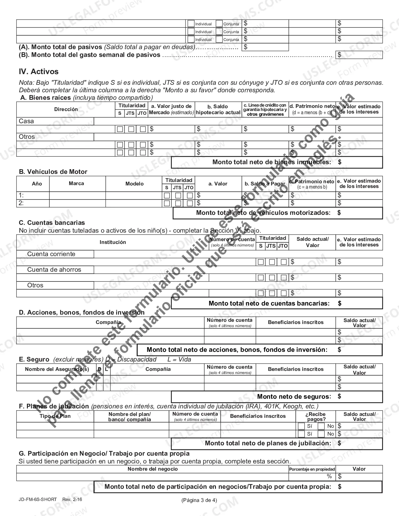 Preview Financial Affidavit (Short Version) - Spanish