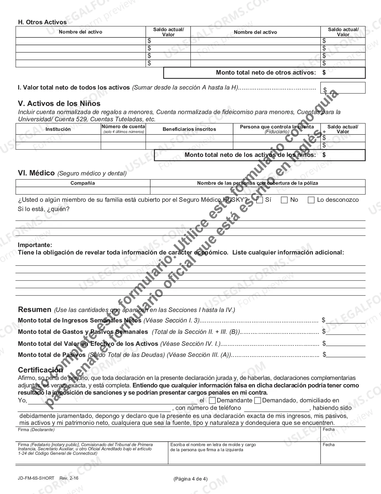 Preview Financial Affidavit (Short Version) - Spanish