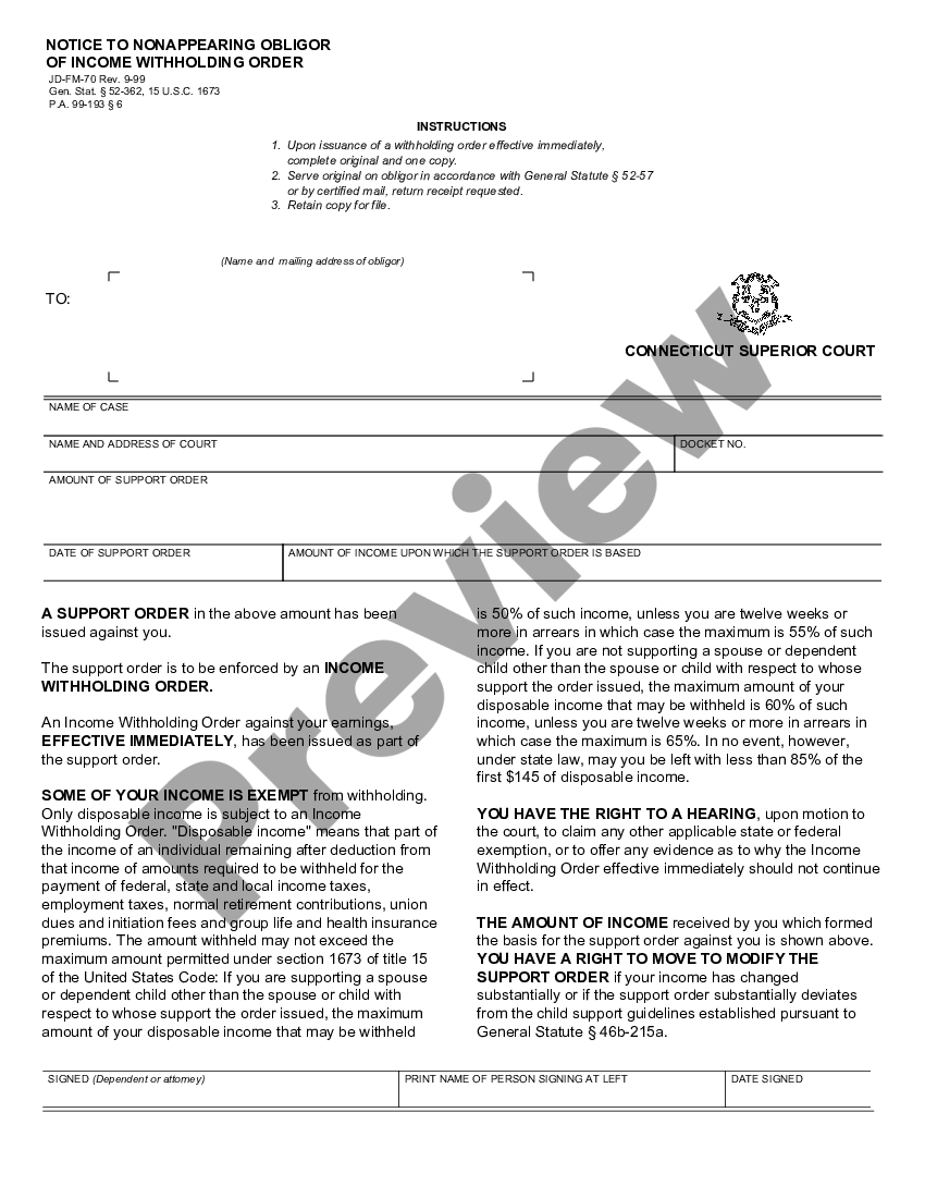 Connecticut Notice to Nonappearing Obligor of Income Withholding Order ...