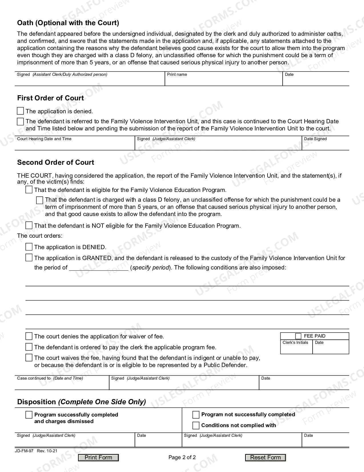 Preview Family Violence Education Program, Application, Orders and Disposition