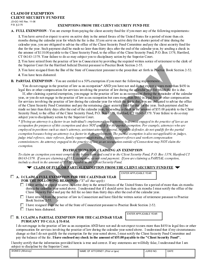 Connecticut Claim of Exemption Client Security Fund Fee Ct Client Security Fund Fee Exemption