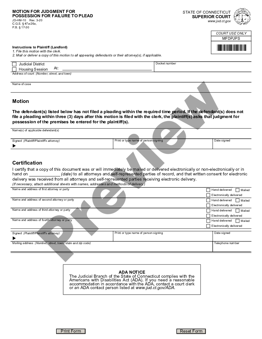 Connecticut Motion For Default For Failure To Plead US Legal Forms
