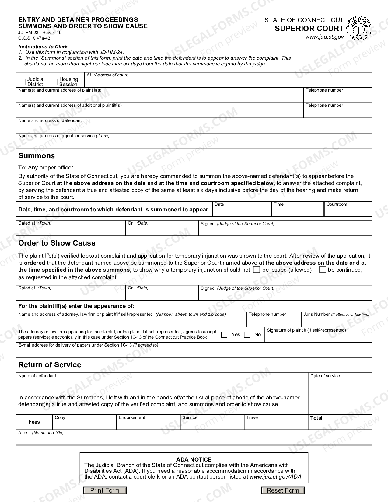 Connecticut Entry and Detainer Proceedings, Summons and Order to Show