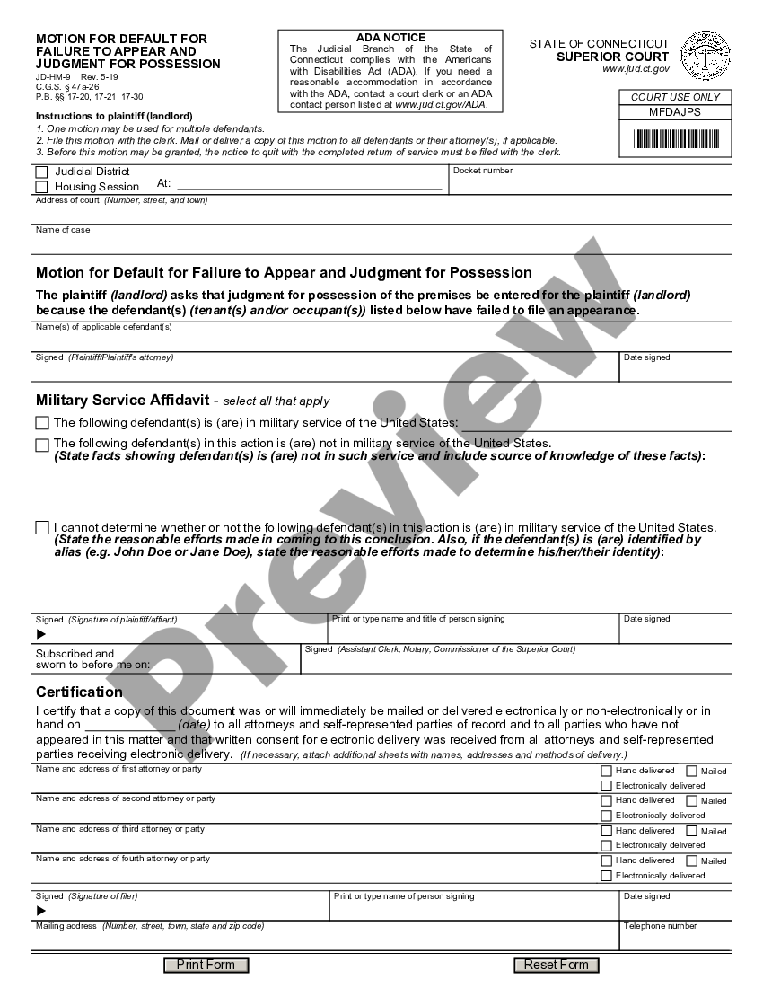 Connecticut Motion for Default for Failure to Appear Motion For