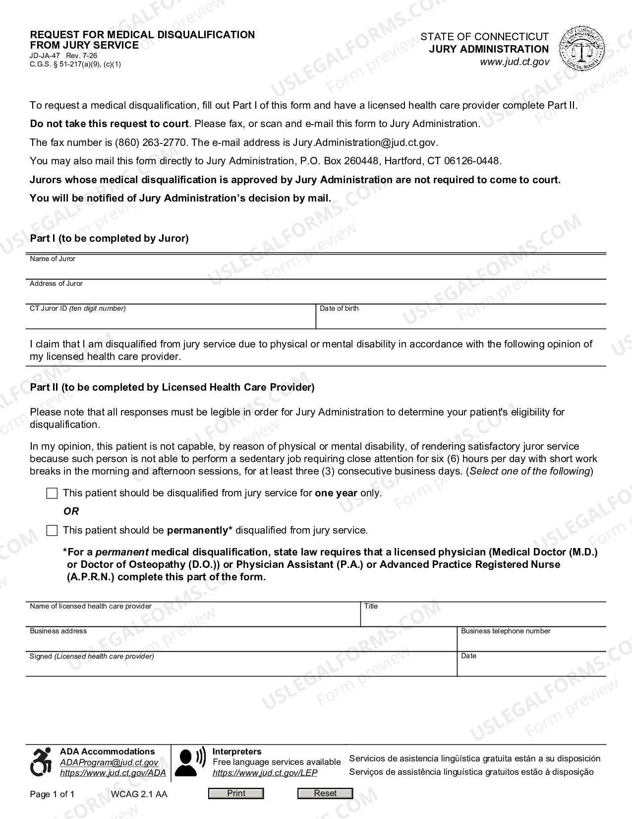 Preview Request for Medical Disqualification from Jury Service