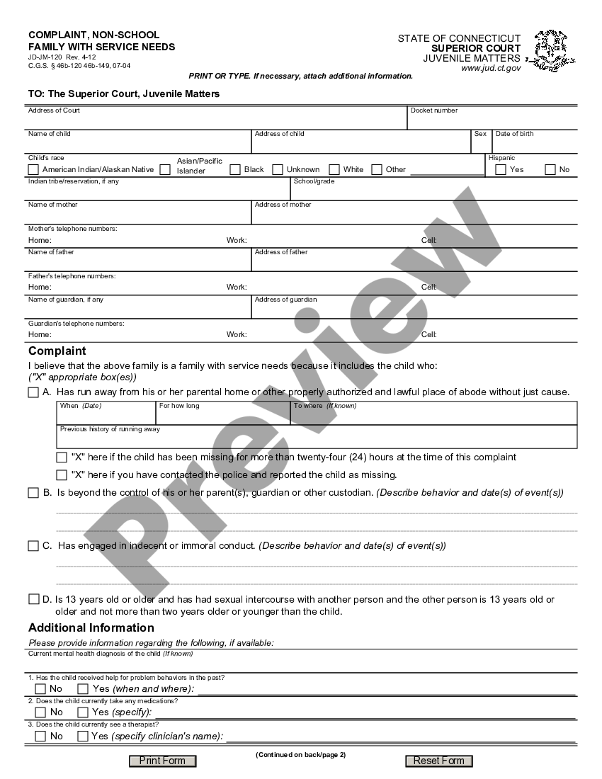 Connecticut Complaint, Non - School - Ct Family With Service Needs Form ...