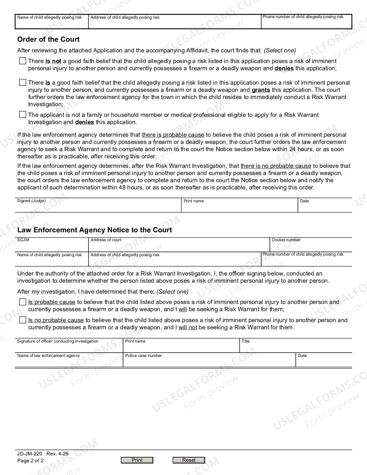 Preview Application for Risk Warrant Investigation for a Child under Eighteen Years of Age, Order, Return