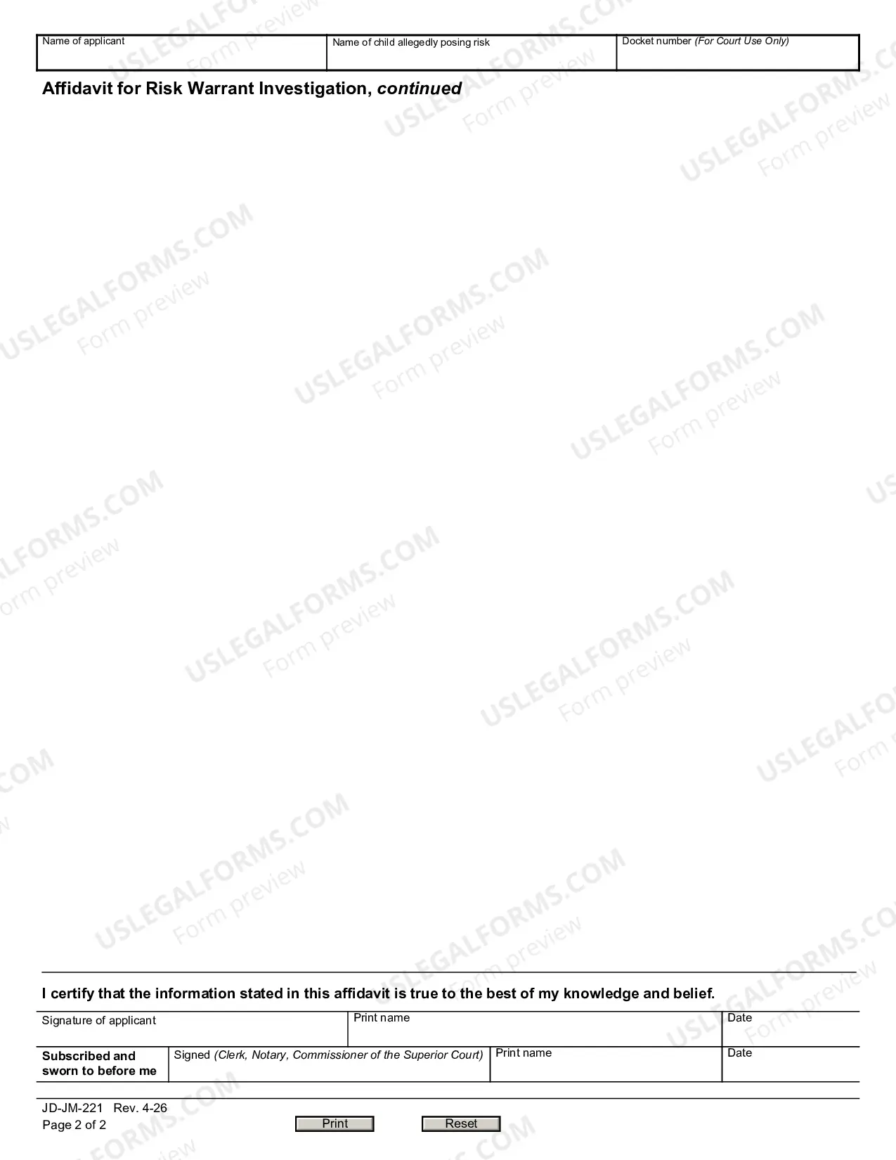 Preview Affidavit for Risk Warrant Investigation for a Child under Eighteen Years of Age