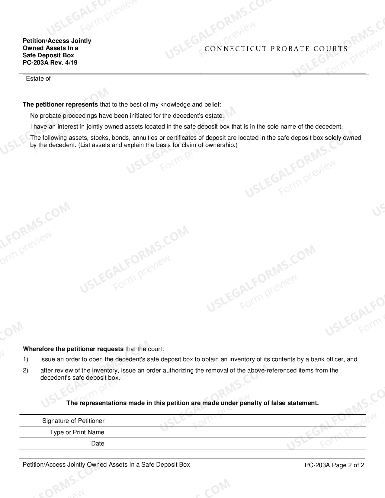 Preview Petition/Access Jointly Owned Assets in Safe Deposit Box