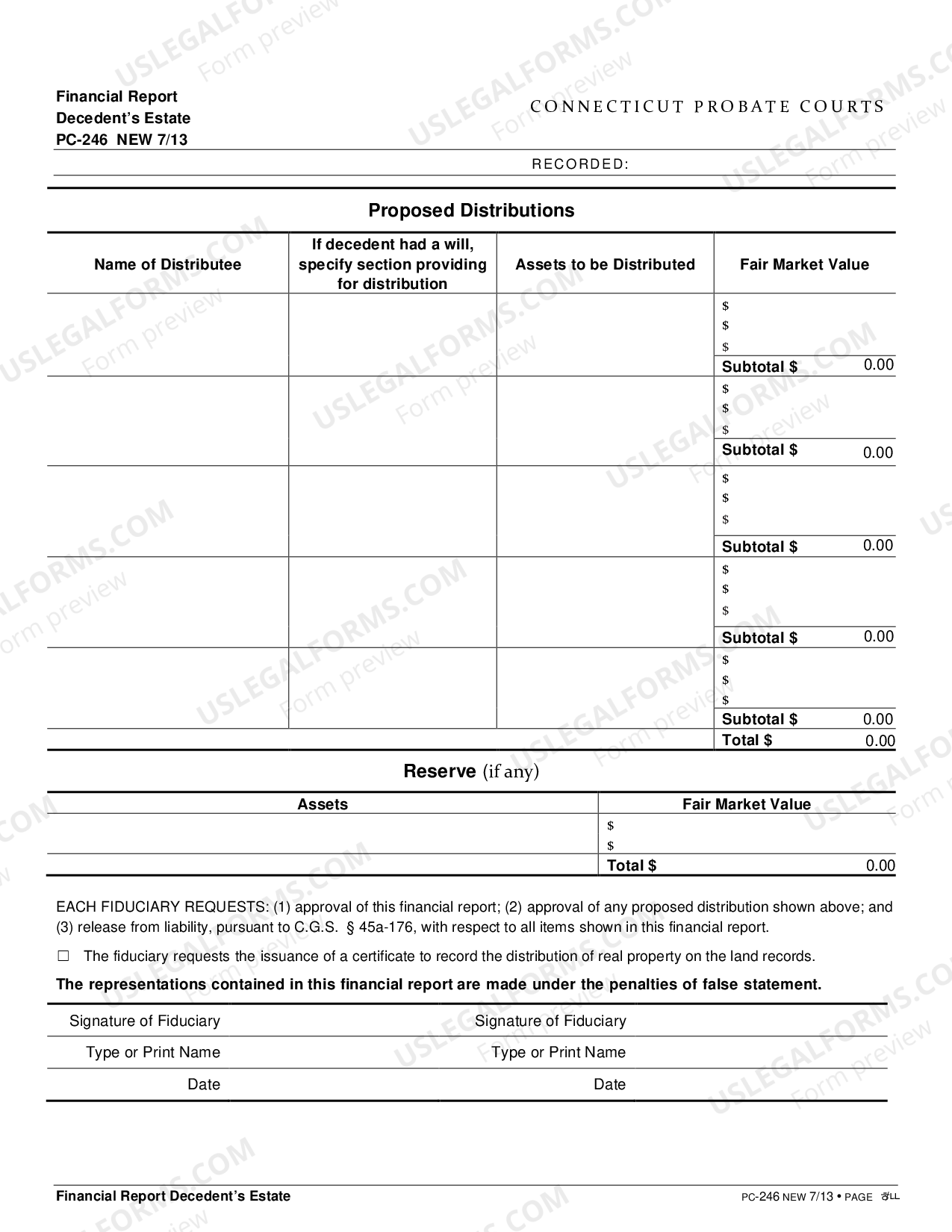 Connecticut Financial Report for a Decedent's Estate Connecticut