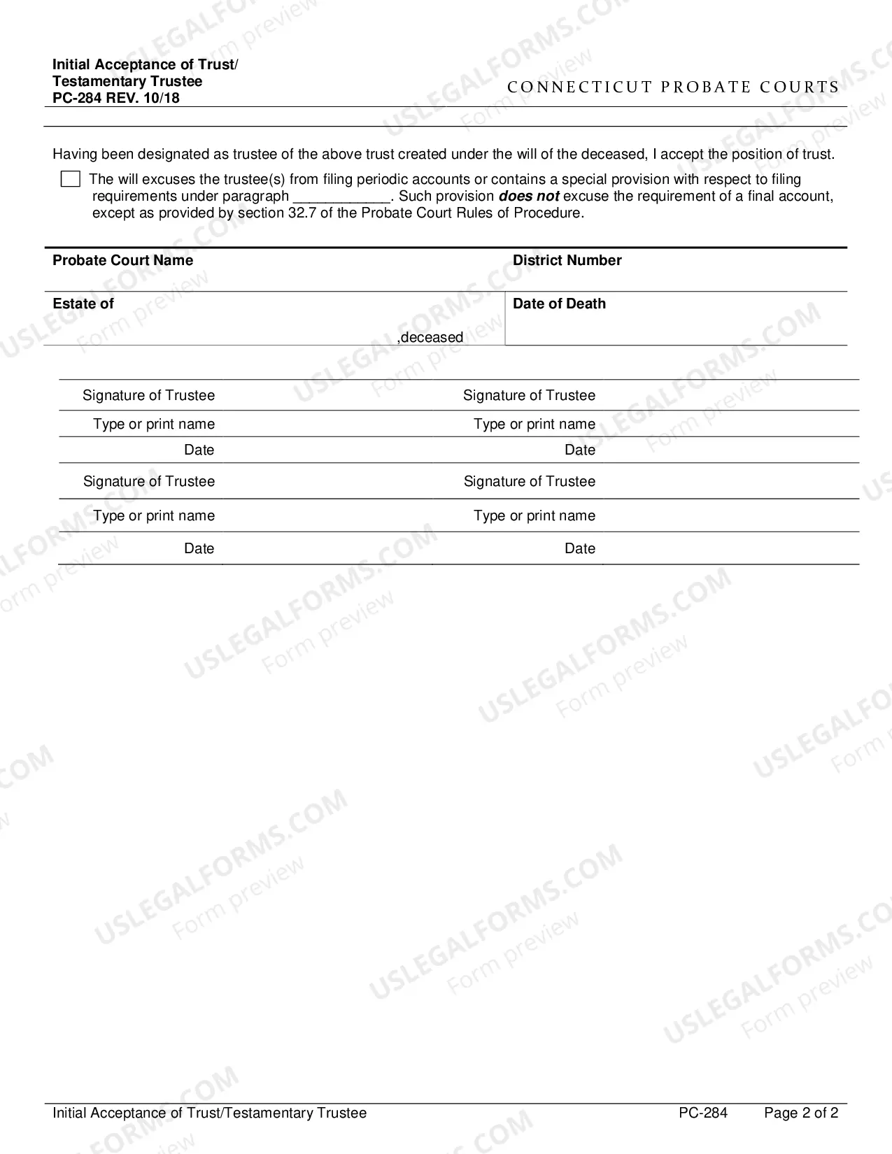 Preview Initial Acceptance of Trust/Testamentary Trustee