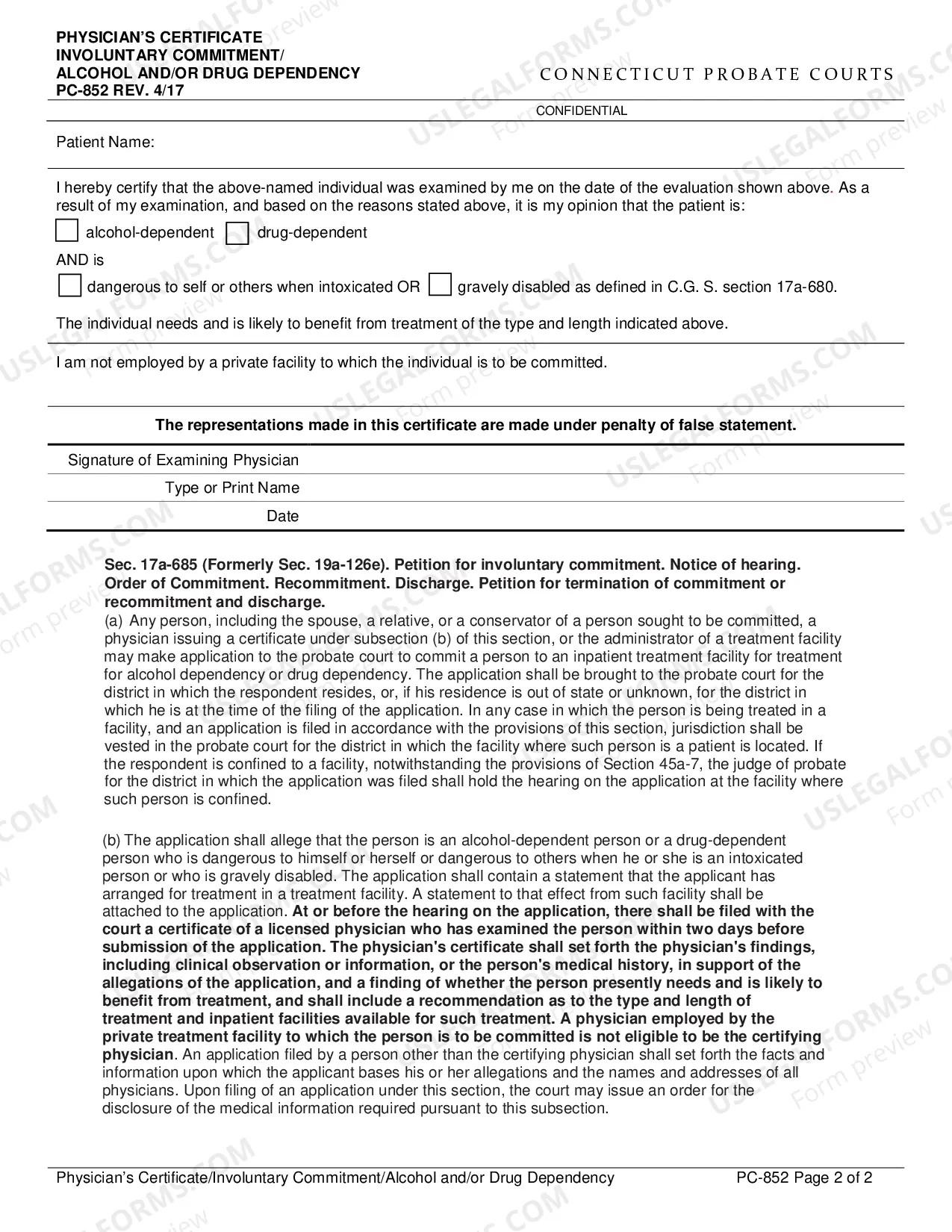 Preview Physician's Certificate/Involuntary Commitment/Alcohol and/or Drug Dependency