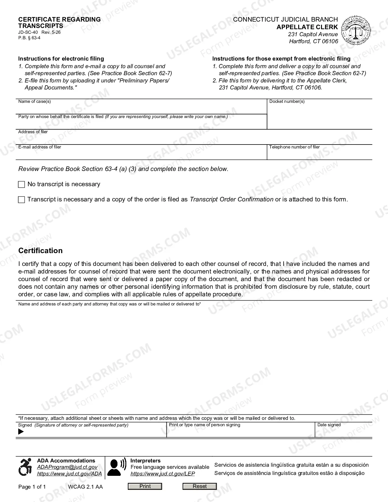 Preview Certificate Regarding Transcripts