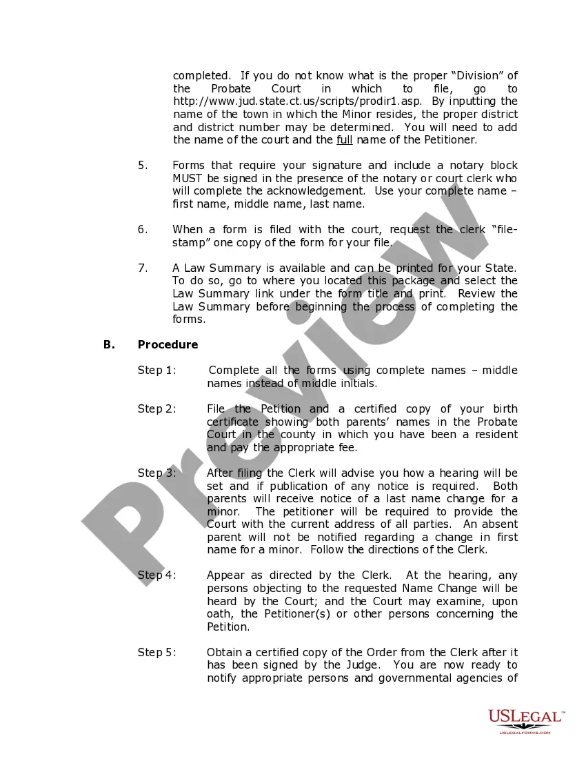 Preview Connecticut Name Change Instructions and Forms Package for a Minor