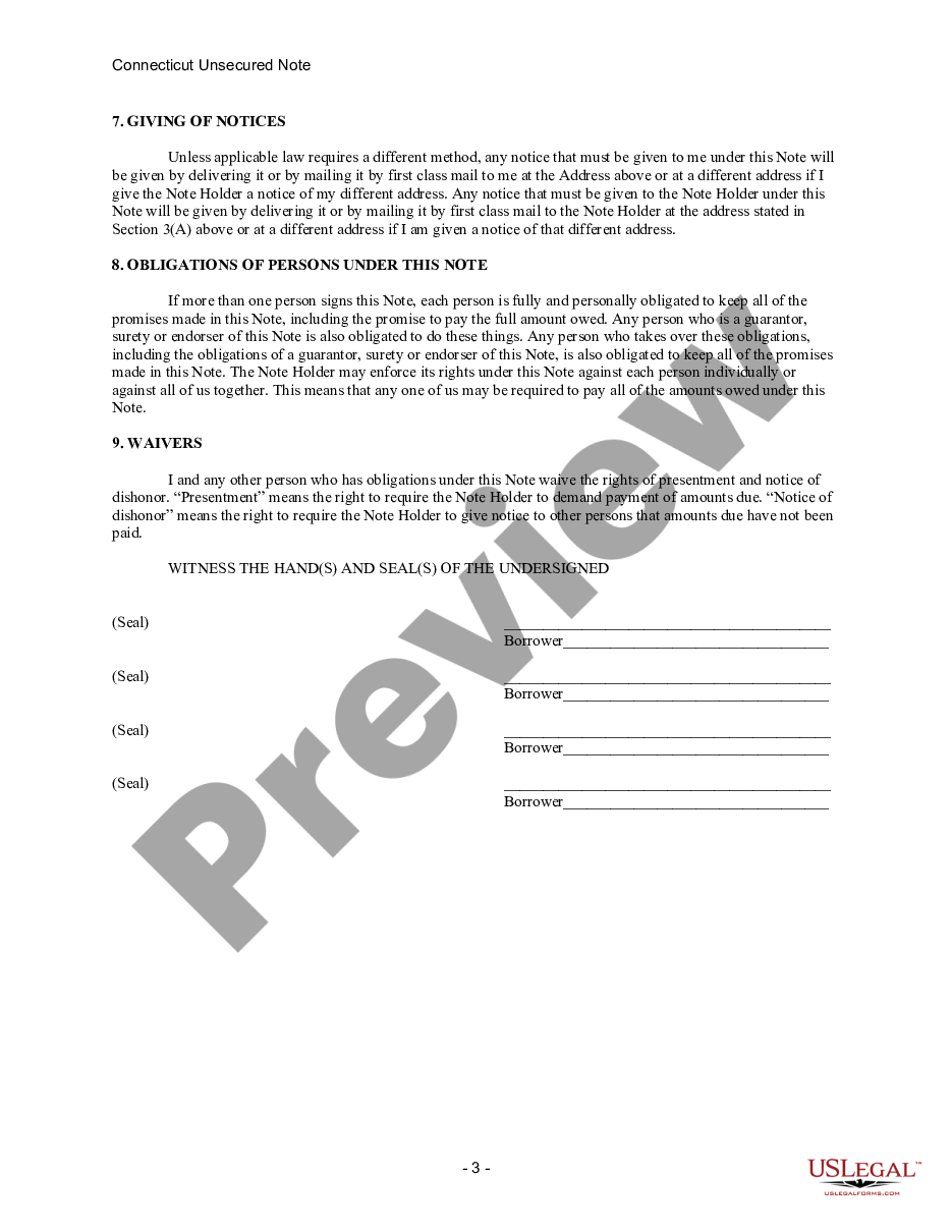 form Connecticut Unsecured Installment Payment Promissory Note for Fixed Rate preview