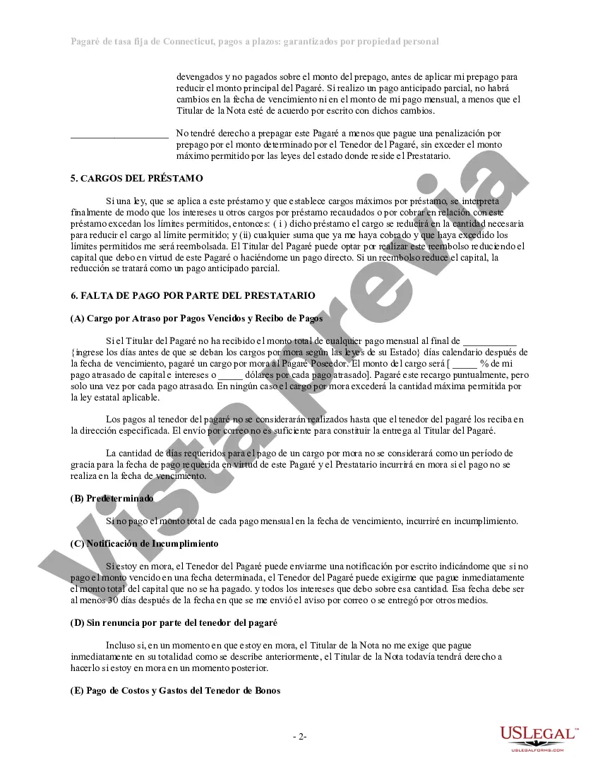 Preview Pagaré de tasa fija a plazos de Connecticut garantizado por propiedad personal