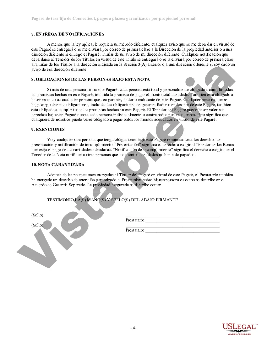 Preview Pagaré de tasa fija a plazos de Connecticut garantizado por propiedad personal
